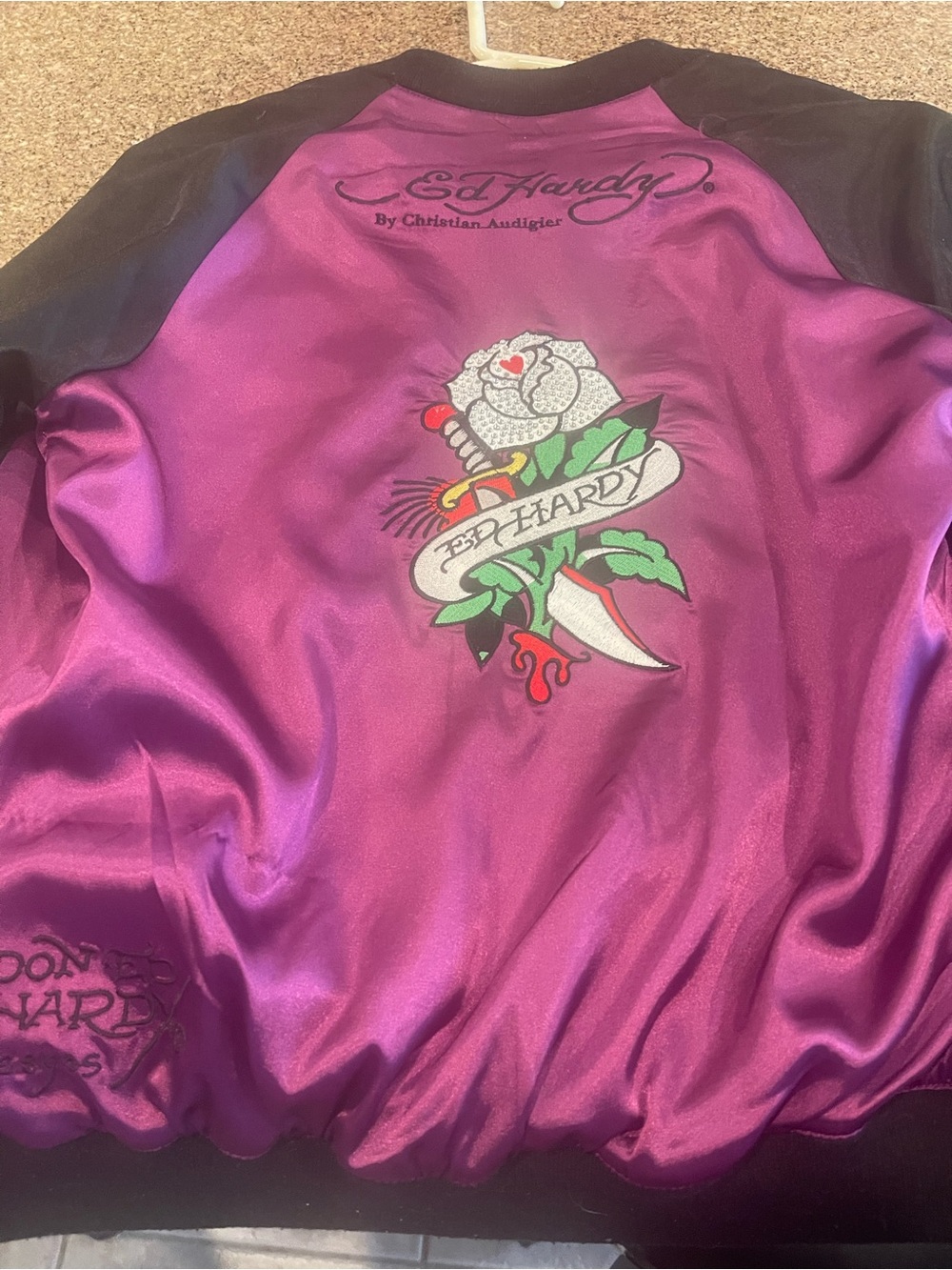 Ed Hardy Purple Satin Varsity Jacket with Embroidered Rose Dagger